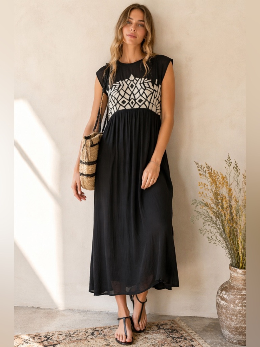 Blank London Beaded Embroidered Midi Dress Black Boho Festival Resort Small